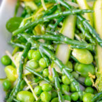 Close up samphire salad with peas, broad beans and shaved asparagus.