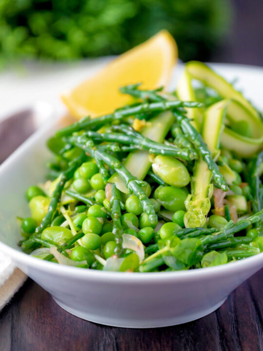 Warm samphire salad with peas, broad beans, shaved asparagus and lemon.