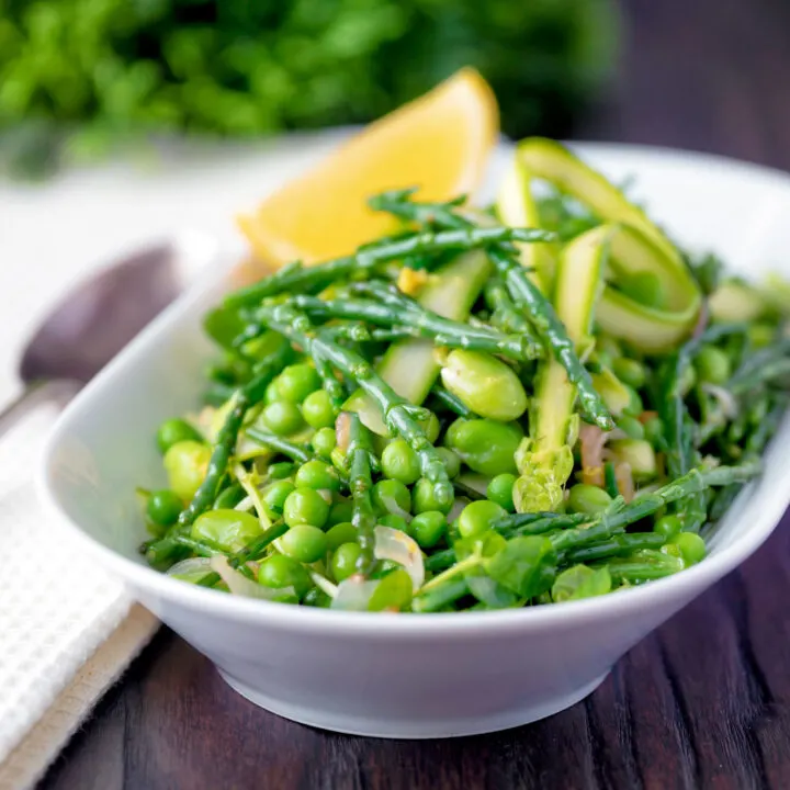 Warm samphire salad with peas, broad beans, shaved asparagus and lemon.