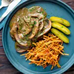 Straw or matchstick potatoes served with mushroom stroganoff.