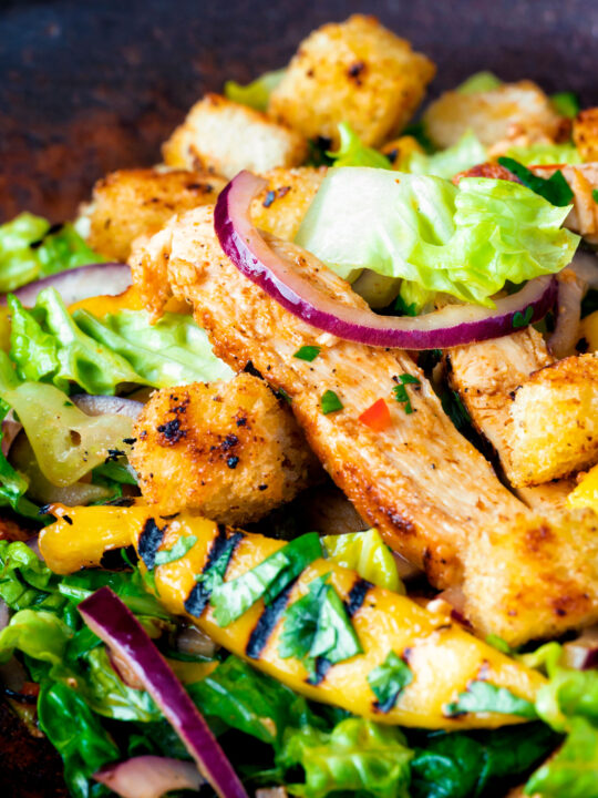 Close up warm chicken and mango salad with croutons and red onion.