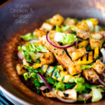 Warm chicken and mango salad with croutons and red onion featuring a title overlay.