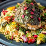 Baked chermoula chicken thighs served with roasted vegetable couscous and fresh herbs.