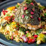 Baked chermoula chicken thighs served with roasted vegetable couscous and fresh herbs featuring a title overlay.