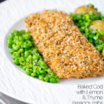 Baked cod loin in crispy panko breadcrumbs with crushed minted peas and potatoes featuring a title overlay.