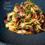 Beef cheek ragu served with pappardelle pasta and snipped chives featuring a title overlay.