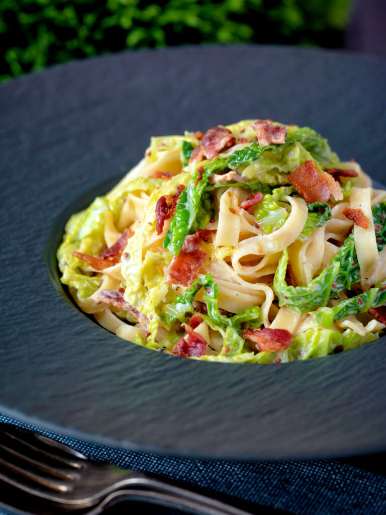 Cabbage Pasta with Bacon and Mustard Krumpli