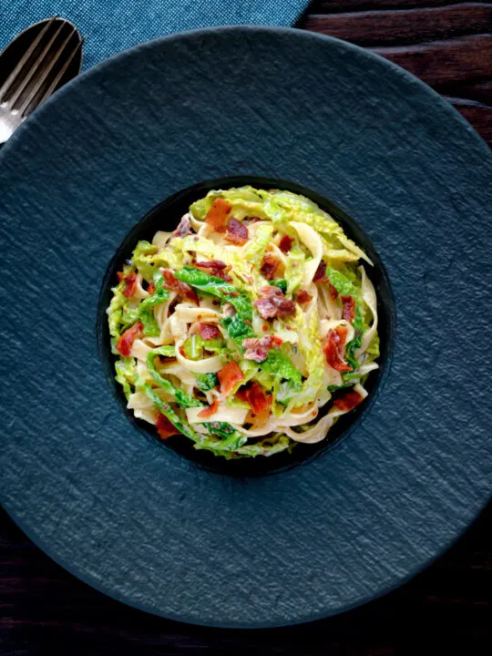 Overhead creamy savoy cabbage pasta with crispy bacon and sour cream.