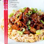 Chinese takeaway style crispy orange chicken with egg fried rice featuring a title overlay.