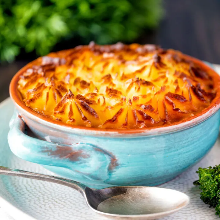 Traditional mashed potato topped British mince beef cottage pie.