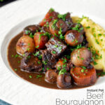 Instant Pot beef bourguignon or burgundy served with mashed potatoes featuring a title overlay.