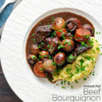 Overhead Instant Pot beef bourguignon or burgundy served with mashed potatoes featuring a title overlay.