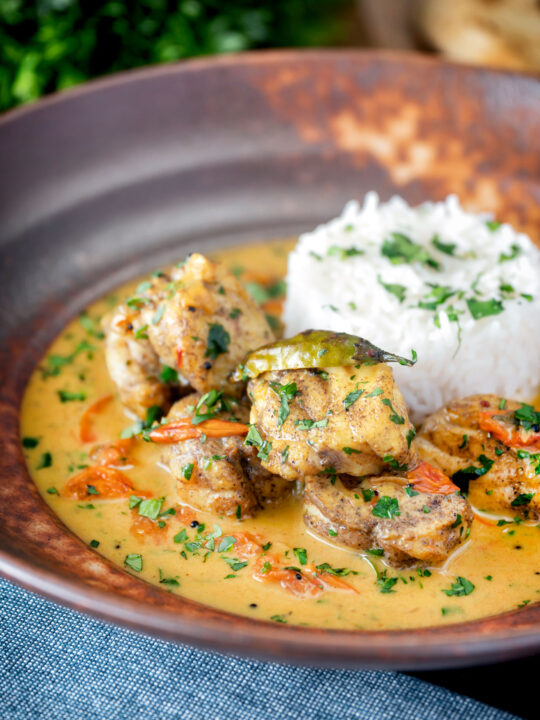 South Indian influenced monkfish curry with coconut milk.