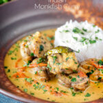 South Indian influenced monkfish curry with coconut milk featuring a title overlay.