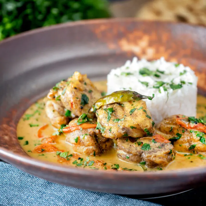 South Indian influenced monkfish curry with coconut milk gravy and steamed rice.