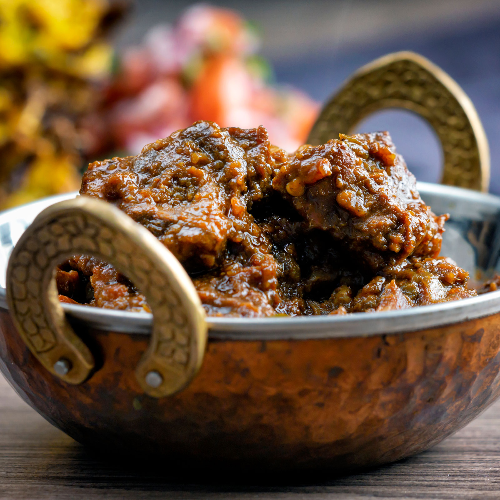 Anglo Goan pork vindaloo curry served in a kadai.