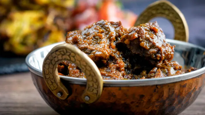 Anglo Goan pork vindaloo curry served in a kadai.