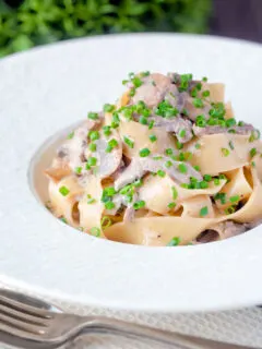 Creamy steak pappardelle pasta with a Diane sauce.