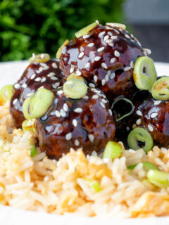 Easy teriyaki glazed beef meatballs with egg fried rice.