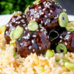 Easy teriyaki glazed beef meatballs with egg fried rice featuring a title overlay.