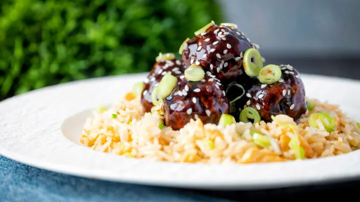 Quick and easy teriyaki glazed beef meatballs served with egg fried rice.