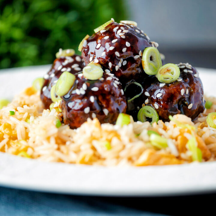 Quick and easy teriyaki glazed beef meatballs served with egg fried rice.