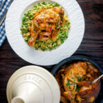 Overhead chicken tagine with preserved lemon served with bulgur wheat.