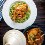 Overhead chicken tagine with preserved lemon served with bulgur wheat featuring a title overlay.