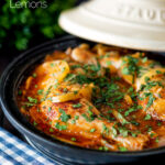 Moroccan Chicken tagine with preserved lemon cooked in a tagine pot featuring a title overlay.