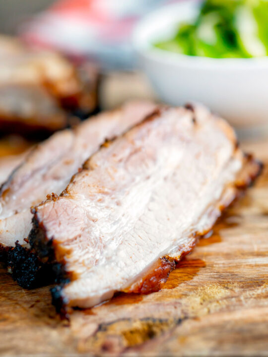 Close up sliced crispy Chinese Pork Belly.