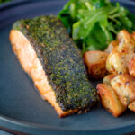 Baked pistachio nut and herb crusted salmon fillet.