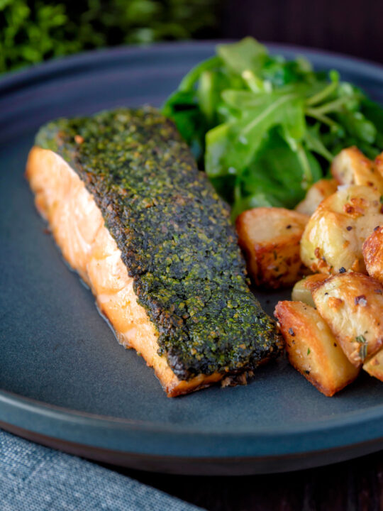 Baked pistachio nut and herb crusted salmon fillet.