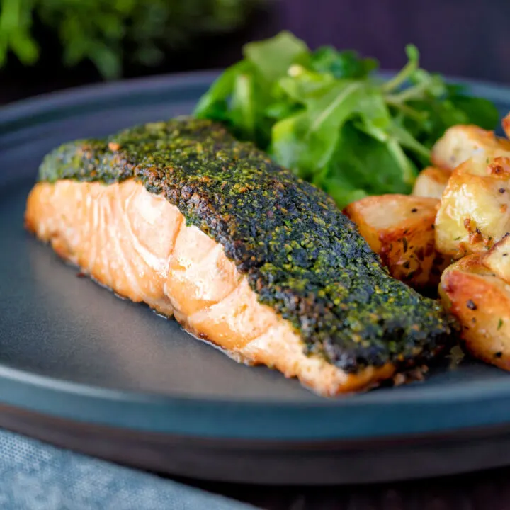 Baked pistachio and herb crusted salmon fillet with parmentier potatoes.