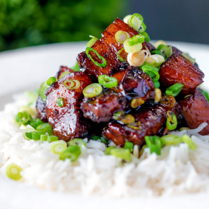 Vietnamese pork belly influenced by thit ba chi kho served with rice and spring onion.