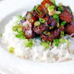 Vietnamese pork belly influenced by thit ba chi kho served with rice.