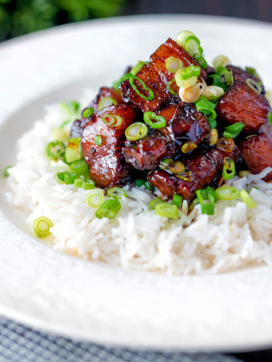 Vietnamese pork belly influenced by thit ba chi kho served with rice.