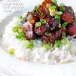 Vietnamese pork belly influenced by thit ba chi kho served with rice featuring a title overlay.