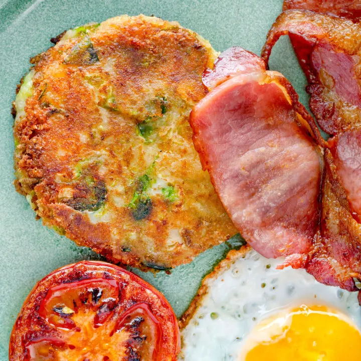 Traditional bubble and squeak patty served with bacon, grilled tomato and fried egg.