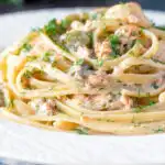 Canned salmon pasta with linguini, cornichons and dill.