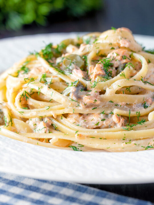 Canned salmon pasta with linguini, cornichons and dill.