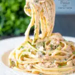 Canned salmon pasta with linguini, creme fraiche and cornichons on a fork featuring a title overlay.