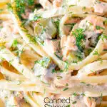 Close up tinned salmon pasta with creme fraiche, cornichons and fresh dill featuring a title overlay.