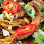 Close up chicken satay stir fry with peanuts and egg noodles.