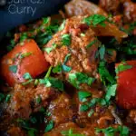 Close up Indian influenced lamb jalfrezi curry garnished with fresh coriander featuring a title overlay.