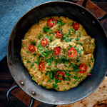 Overhead Indian influenced lamb pasanda curry.