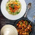 Overhead Moroccan influenced vegan vegetable tagine with squash and courgette served with buttered couscous featuring a tile overlay.