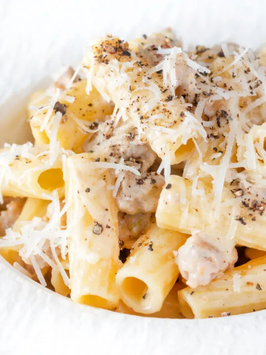 Penne rigatoni alla norcina with black pepper and creamy pork sausage.