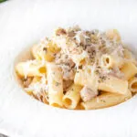 Pasta alla norcina with black pepper and fresh parmesan cheese.