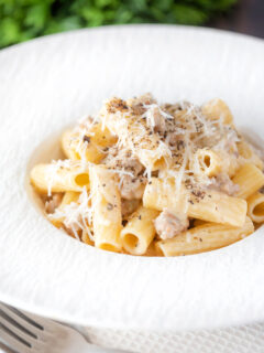 Pasta alla norcina with black pepper and fresh parmesan cheese.