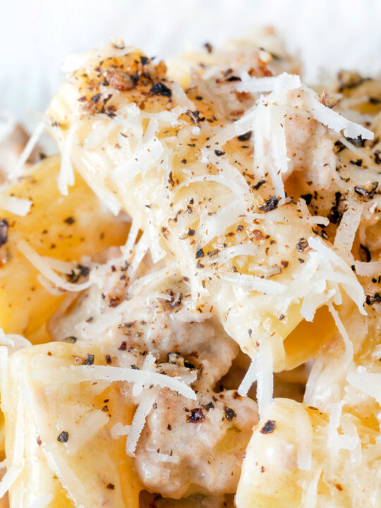 Close up pasta alla norcina with black pepper and fresh parmesan cheese.